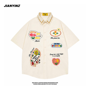 JIANYINZ美式 男女宽松复古灯芯绒情侣衬衣 学院风花卉刺绣短袖 衬衫