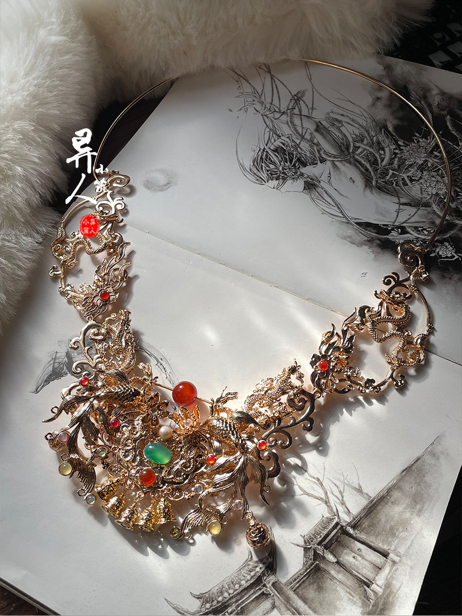 原创男款华贵婚嫁璎珞 古风汉服锦鲤鱼龙项圈 真人神像等比项链