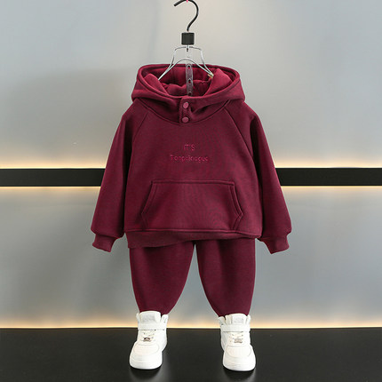 男童女童加绒卫衣套装2024新款宝宝连帽衣服时髦儿童一体绒两件套