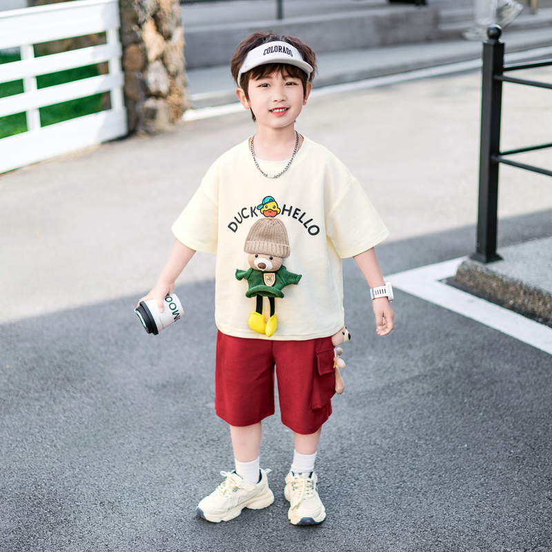男童夏季套装宝宝卡通小熊装饰衣服小男孩时髦夏天运动两件套童装