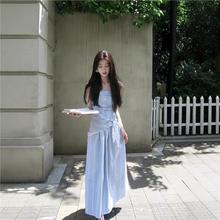 蓝色连衣裙女童高级感法式裙子夏季2025新款吊带长裙女大童超好看
