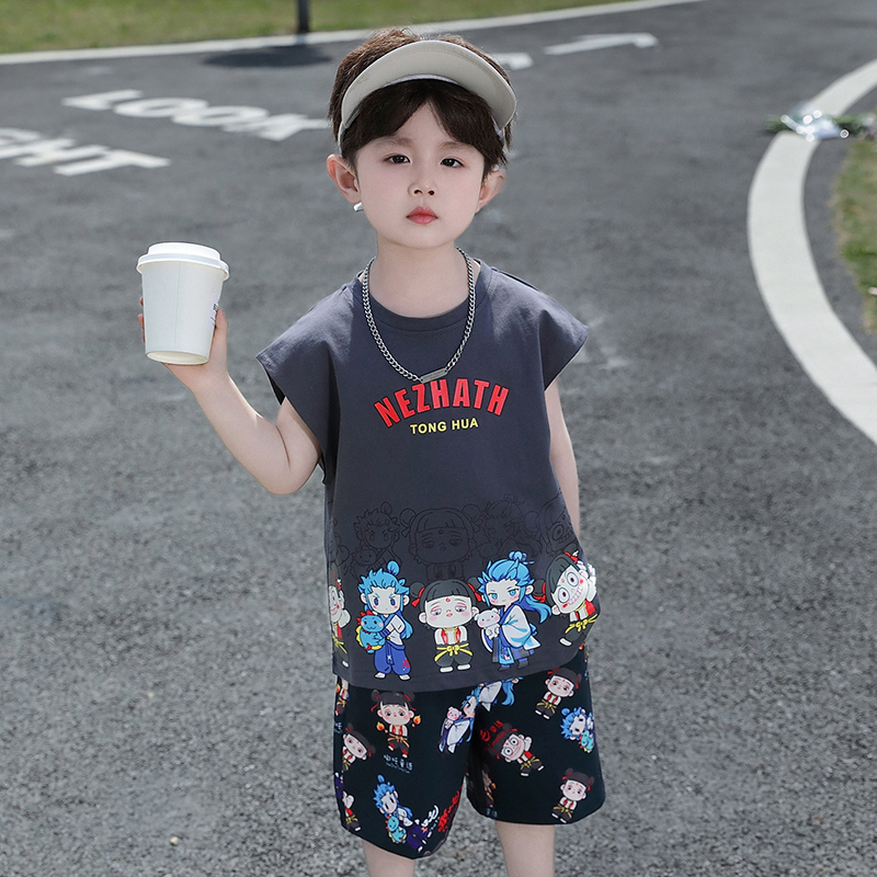 男童夏季背心套装宝宝卡通哪吒印花无袖衣服小男孩花短裤夏天童装