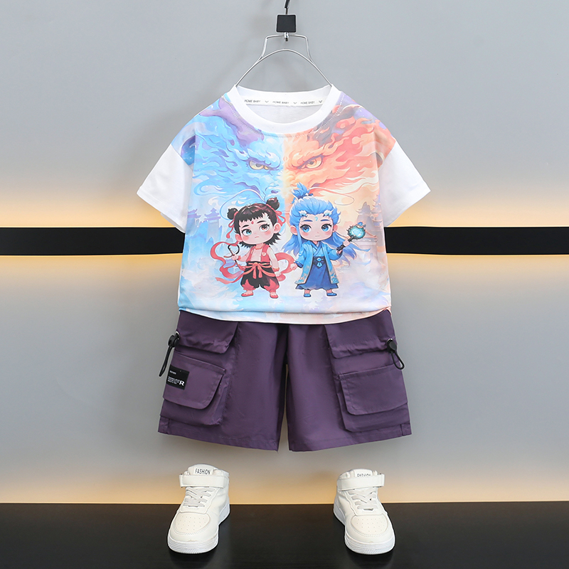 男童夏季套装短袖新款儿童卡通印花夏天衣服中小童时髦运动两件套