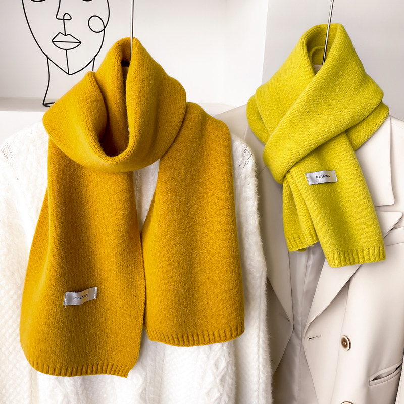 针织毛线围巾男女生秋冬季纯芥末黄姜黄色儿童短围脖加厚毛绒软糯