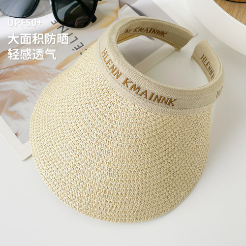 防晒遮阳空顶无顶鸭舌太阳帽子女夏季发箍镂空大帽檐凉帽编织草帽