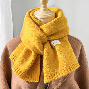 纯明黄姜黄色短围巾女冬季韩版学生软糯针织毛线大儿童小围脖护颈