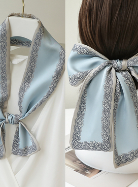 蓝色长条小丝巾女春秋绑包发带薄围巾飘带丝带围脖子领带搭配衬衫