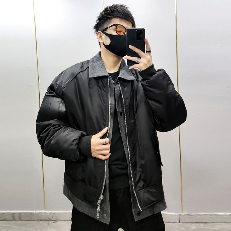 冬季假两件棉服外套男韩版牛仔拼接加厚设计感宽松休闲棉衣棉袄潮