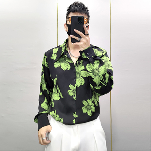高级感绿花衬衫男士免烫雪纺痞帅潮流宽松百搭男长袖印花衬衣垫肩