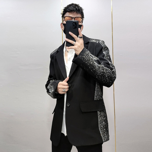 设计款重工烫钻西服男秋季新款时尚韩版潮流宽松休闲夜店西装外套