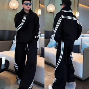 金先生同款半拉链经典三条杠连帽套装潮流时尚休闲卫衣裤子两件套