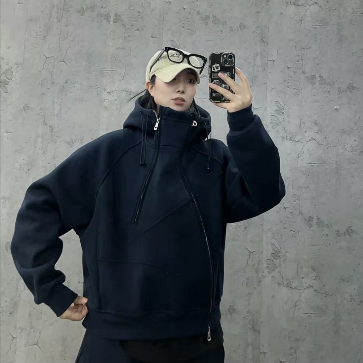 秋冬加厚复古斜拉链结构开衫连帽卫衣重磅百搭休闲加绒卫衣