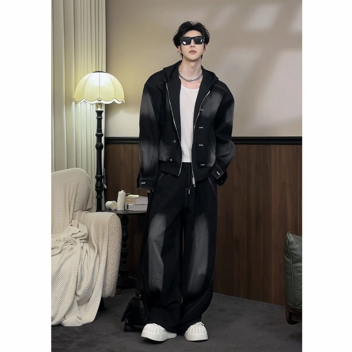 春季新品潮流美式复古拼接连帽卫衣百搭宽松牛仔上衣长裤韩版帅气,男装,时尚套装,淘宝优惠券,粉丝福利购,淘宝优惠卷