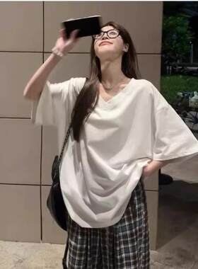 oversize白色净版V领短袖t恤女夏季宽松中长款简约休闲慵懒风体恤