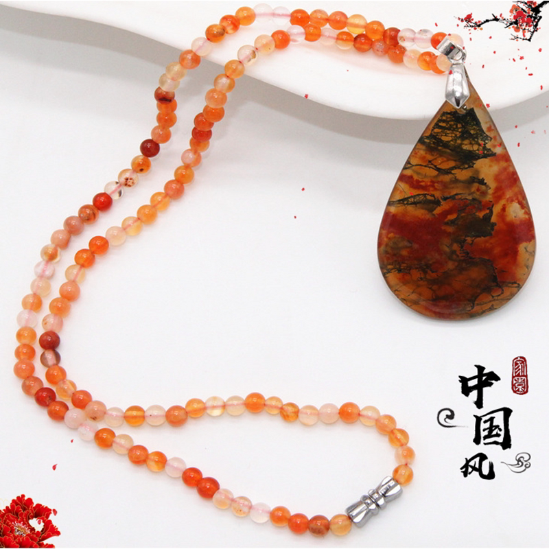 阜新飘花冰透水草玛瑙项链水滴吊坠长款毛衣红绿色大气民族风