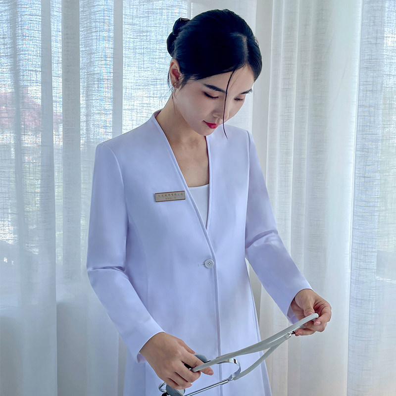 HIGH-END KOREAN DOCTORS UNIFORM WHITE COAT DENTIST CHINESE MEDICINE COAT GOWN SLIM MID-LENGTH