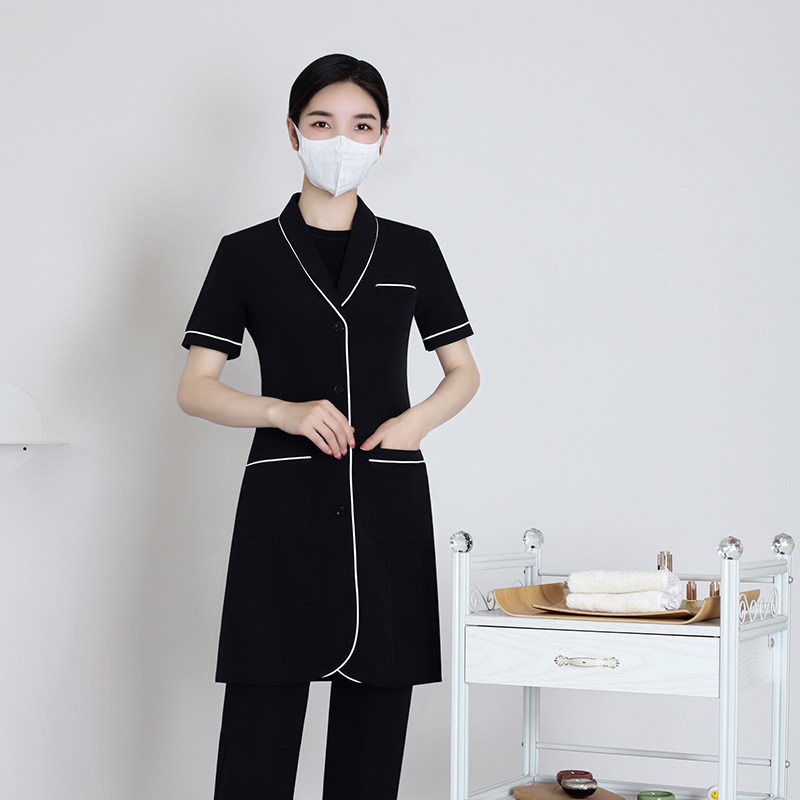 KOREAN VERSION OF SKIN MANAGER WHITE COAT SHORT SLEEVES NAVY BLUE HIGH-END BEAUTICIAN EMBROIDERER DOCTOR WORK CLOTHES WOMENS SPRING AND SUMMER