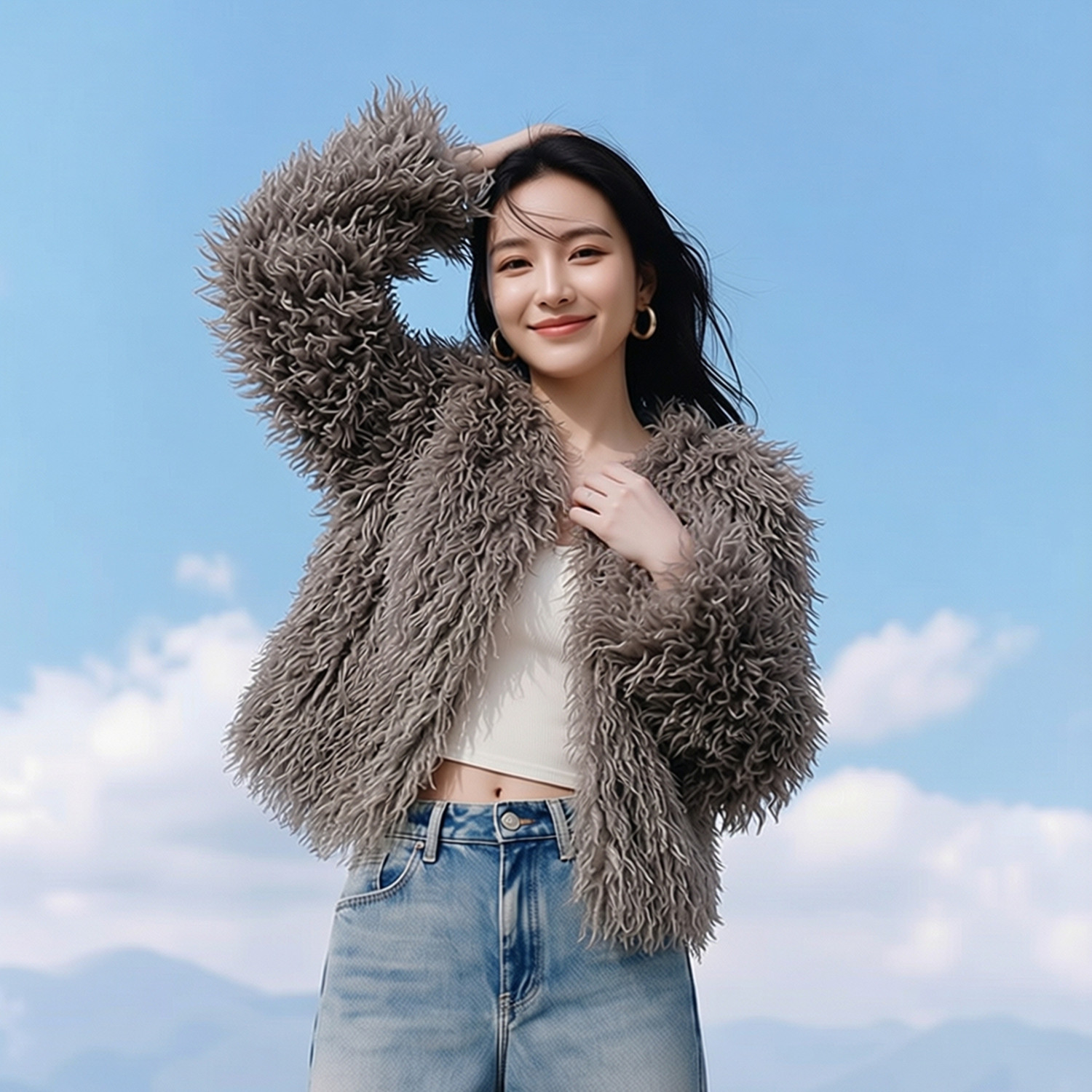 秋冬新款灰色仿皮草外套男女保暖