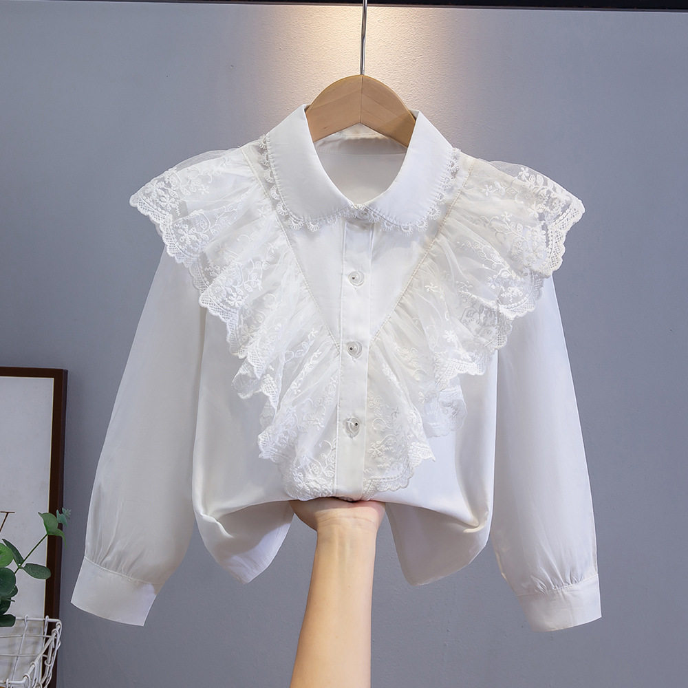 女童纯棉花边衬衫白色长袖春秋款女童校园风学生班服洋气内搭上衣
