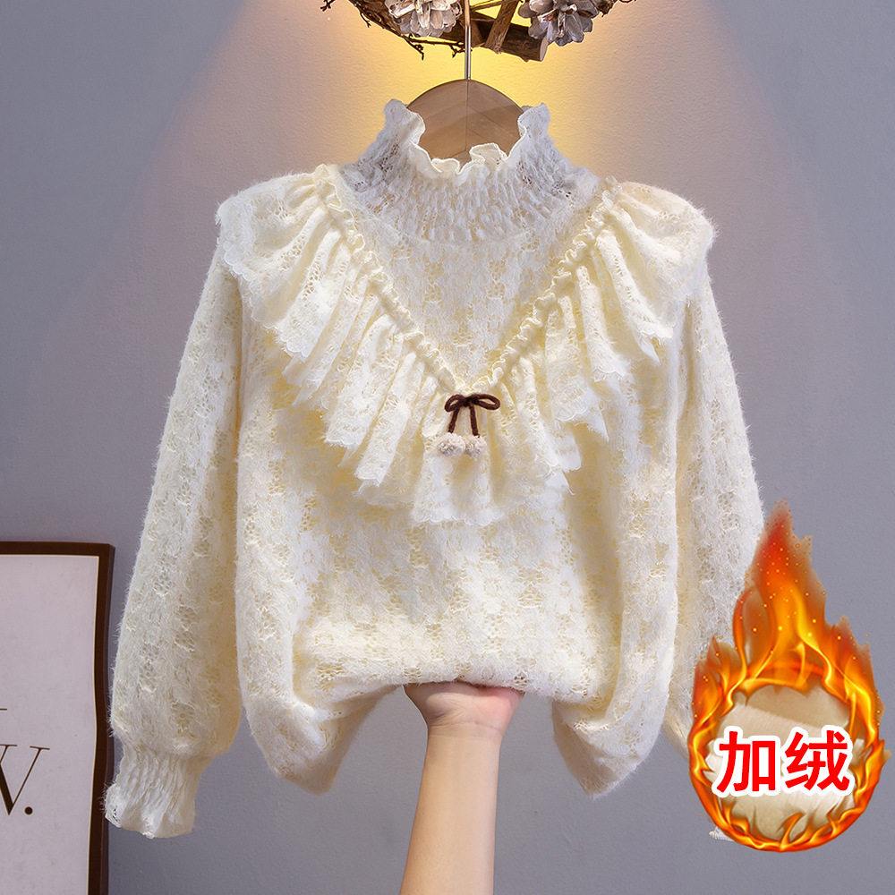 女童加绒保暖打底衫秋冬洋气小女孩外穿蕾丝半高领长袖针织衫上衣