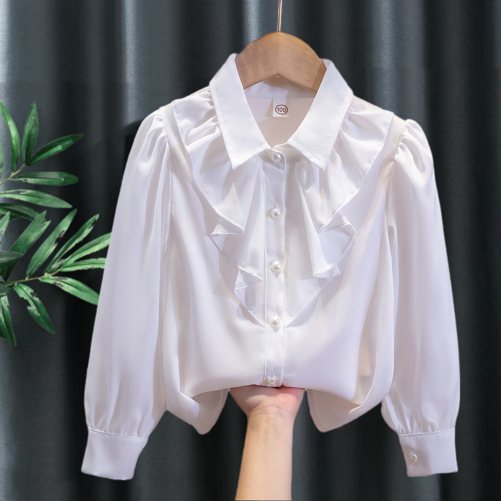 儿童白衬衫花边领长袖春秋款女童学生班服洋气上衣雪纺小孩衬衣