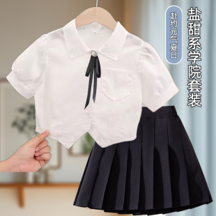 女童小香风短袖衬衫套装学院风夏日jk制服短裙衬衣两件套百搭上衣