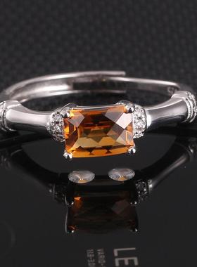 新款竹节戒指女天然黄晶纯银气质