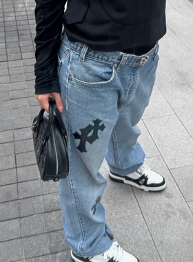 CH果冻星空皮限定手工高端十字架牛仔裤男女秋冬新款直筒裤浅蓝色