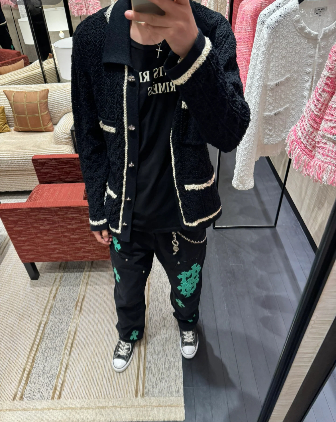 CH做旧卡哈特绿色真皮镀银工装裤男女手工定制纯棉高品质黑色长裤