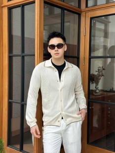 男女BC白色针织开衫高端定制长袖衬衫提花纽扣翻领衬衣高端定制