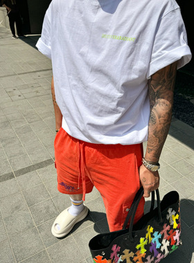 潮罗潮牌自主真皮镀银短裤休闲裤橙色男女同款五分裤涂鸦梵文顶版