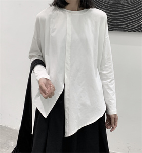 暗黑风圆领宽松型长袖T恤内搭套装春季白色长款纯色春秋休闲百搭图片