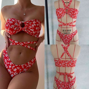 cute碎花圆环连体露背交叉绑带沙滩bikini比基尼 2024新品 热卖