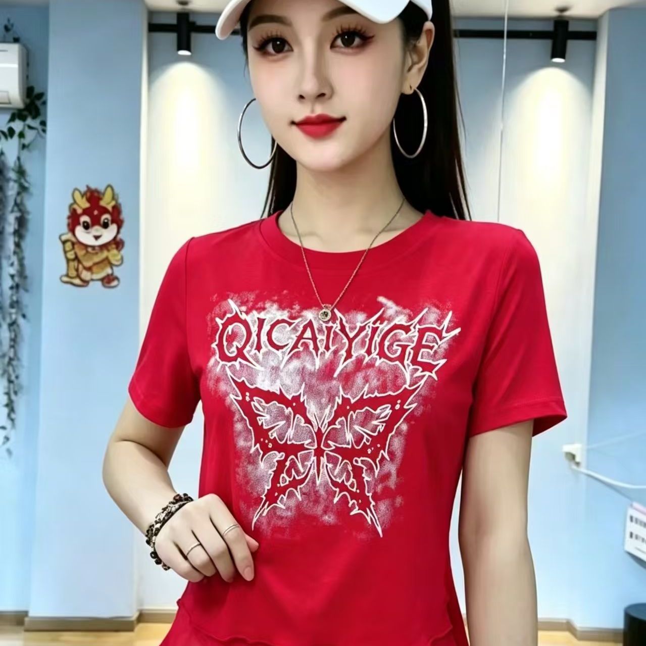 夏新款广场舞服装上衣双层网纱圆领蝴蝶短袖印字运动跳操鬼步舞蹈