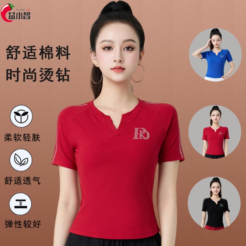新款广场舞服装上衣夏季V领烫钻修身弹力薄款短袖运动跳步舞蹈衣