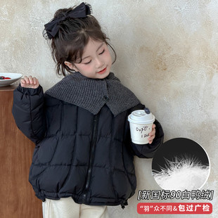白鸭绒防风户外女童黑色短款羽绒服加厚保暖立领面包服冬季外套
