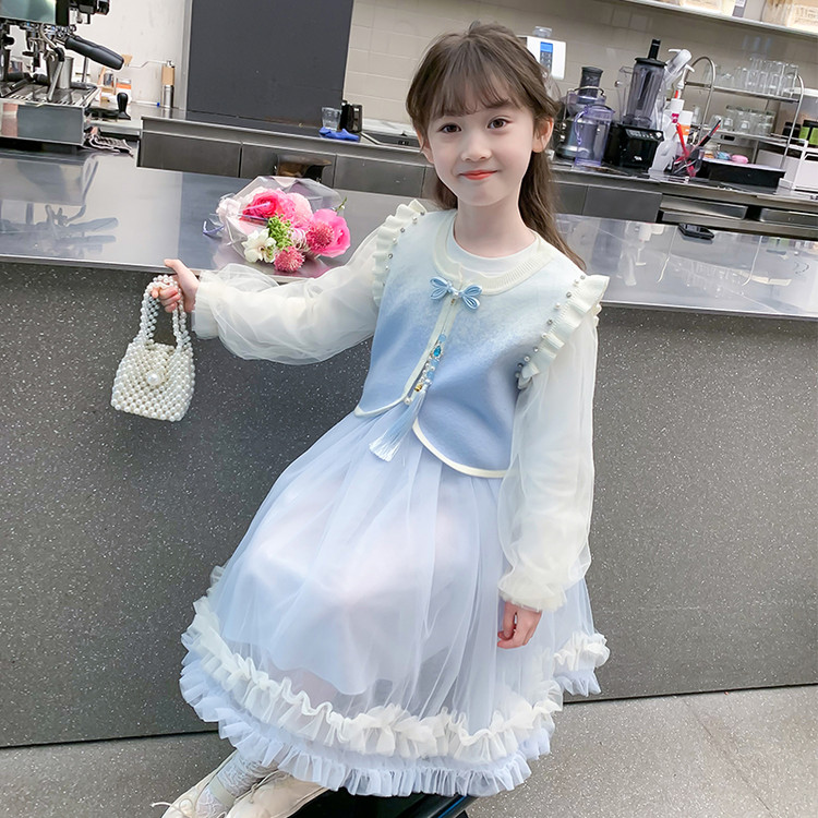 蓝色蕾丝网纱女童公主风两件套春秋装蝴蝶结纱裙中国风洋气连衣裙