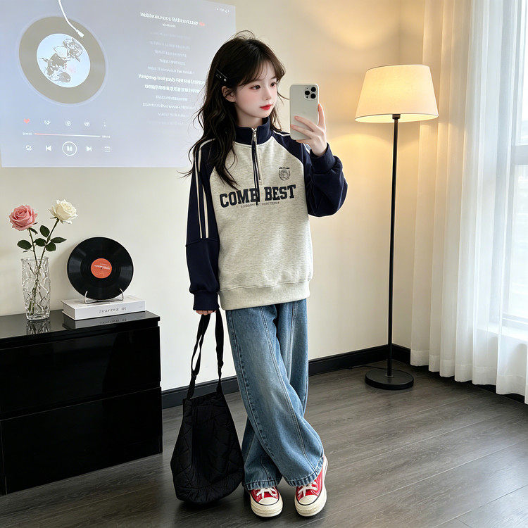 套头韩版女童春秋款字母卫衣牛仔