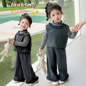 女童春季 童装 春秋款 2026新款 宝宝不开裆孩子湖州棉B类套装 灰色
