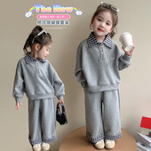 女童春季 童装 春秋款 2026新款 宝宝不开裆孩子湖州棉B类套装 灰色