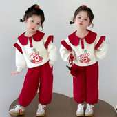女童春季 童装 春秋款 2026新款 宝宝不开裆孩子湖州棉B类套装 红色