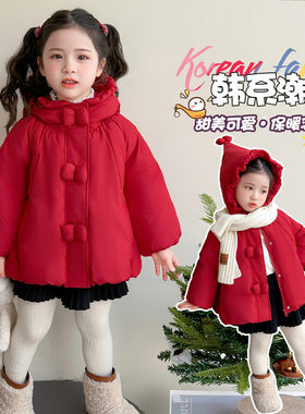 冬季韩版女童红色连帽羽绒服