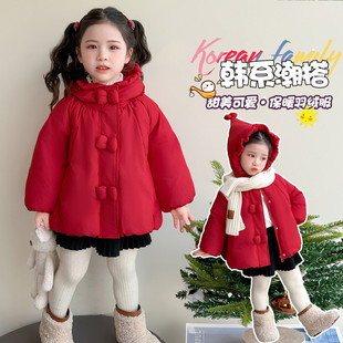 冬季韩版女童红色连帽羽绒服中长款加厚保暖白鸭绒洋气棉服外套
