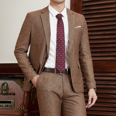 英伦复古西装男士粗花呢潮休闲修身商务正装英伦风小西服西裤大码
