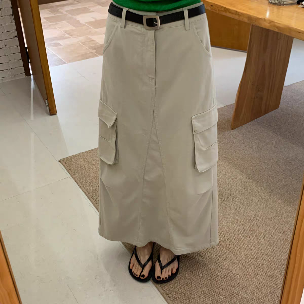 欧货设计工装风高腰卡其半身裙女夏季新款显瘦多口袋开叉长裙气质