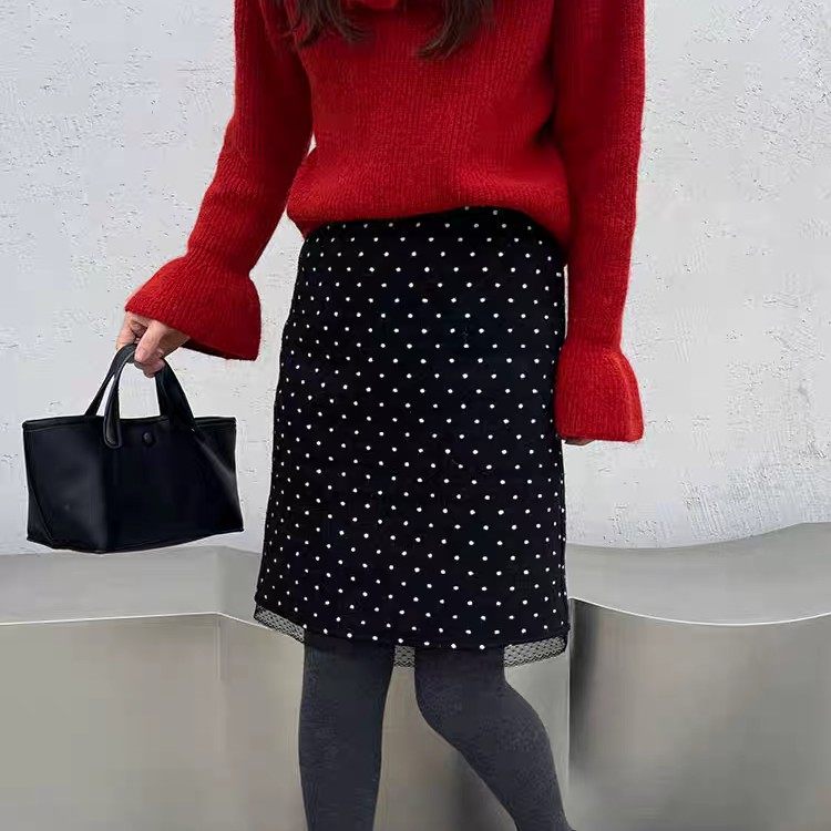 复古波点A字半身裙女高腰设计感小众中裙黑色拼接网纱,女装/女士精品,半身裙,淘宝优惠券,粉丝福利购,淘宝优惠卷