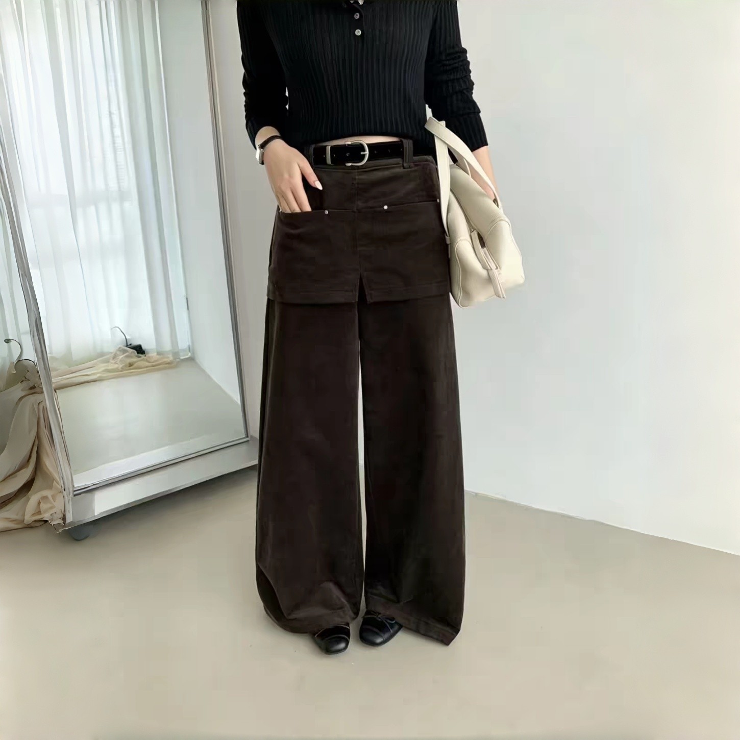 欧货复古重工高腰灯芯绒咖啡棕色阔腿裤女2026秋季显瘦屁帘假两件