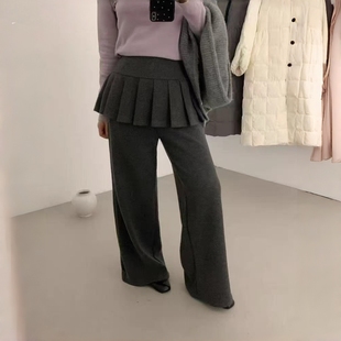 时髦 加绒加厚黑灰色休闲裤 设计感极简风高腰阔腿裤 女百搭保暖冬季