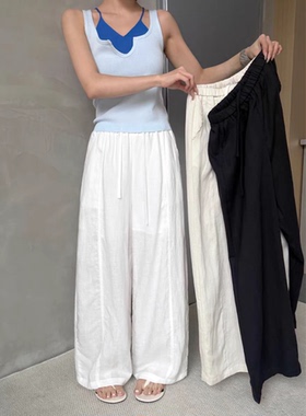 韩版洋气亚麻风阔腿裤女宽松直筒松紧弹力休闲裤松弛感垂感百搭