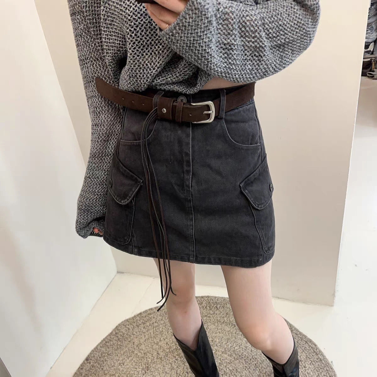 欧货时尚新款灰棕色通勤高腰显瘦半身工装裙复古文艺工装口袋减龄